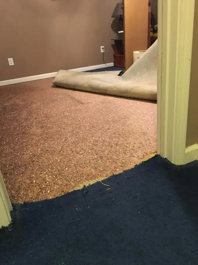 Carpet pad removal revealing water damage during Water Mitigation Services in Franklin Lakes